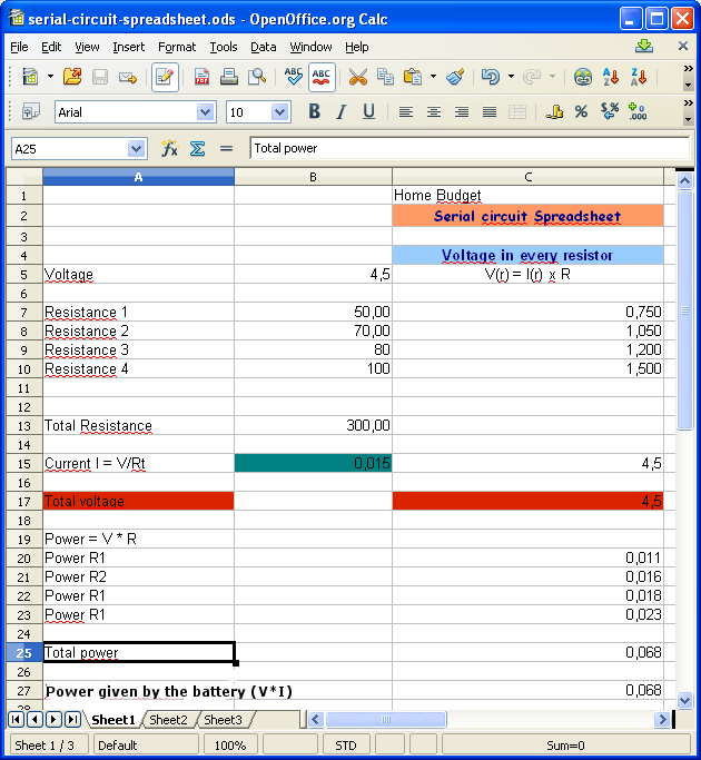 serial circuit spreadsheet